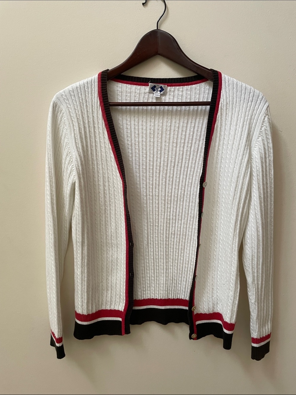 Vintage Classic Ribbed White Tennis Cardigan with Red & Black Trim